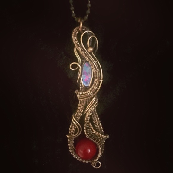 Red Carnelian And Opal Wire Weaved in Copper - Picture 1 of 1